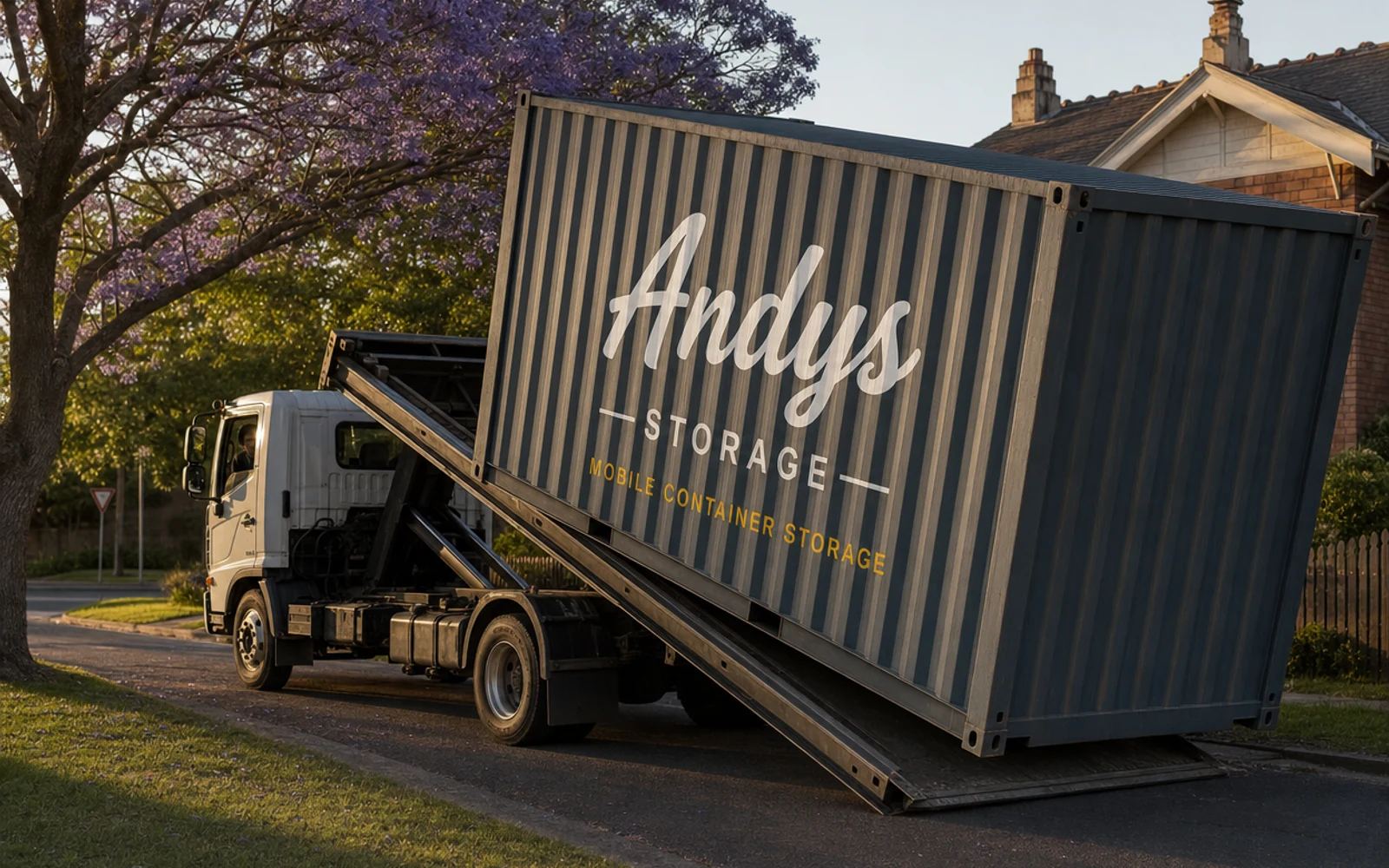 A shipping container being slid off the back of a tilt-tray truck onto a Melbourne residential driveway at golden hour.