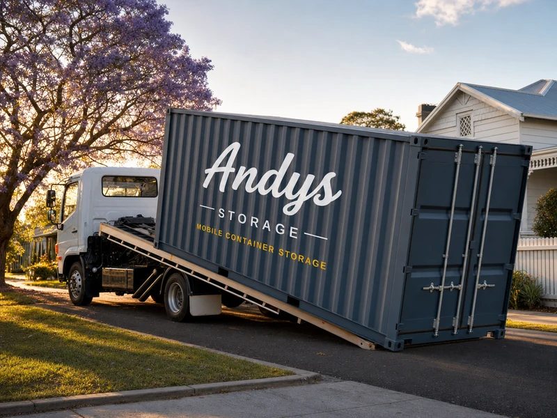 A tilt-tray truck slides a grey-blue Andy's Storage shipping container off its tilted bed onto a Melbourne suburban driveway at golden hour.