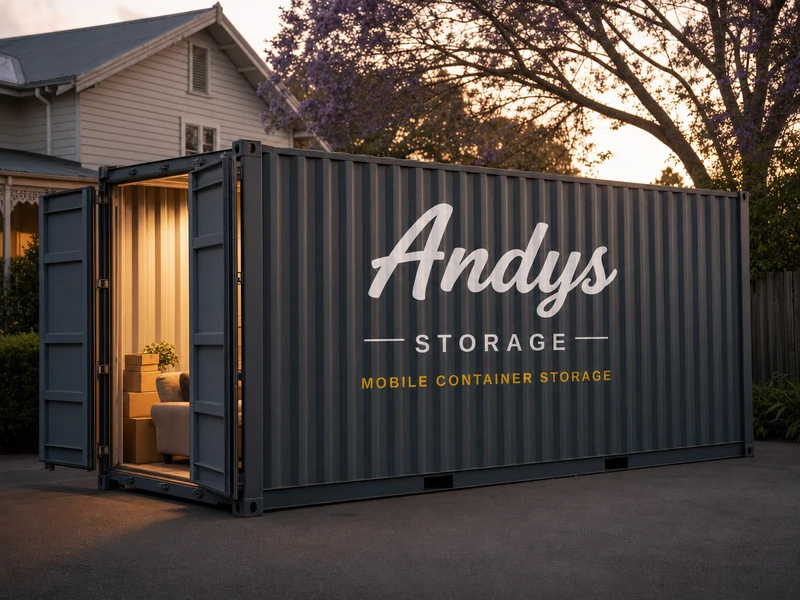 An Andy's Storage container at rest on a residential driveway with its rear doors open, warm dusk light spilling onto household items inside.