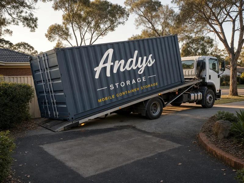 A tilt-tray truck slides the same grey-blue Andy's Storage container back UP onto its bed for collection; a ghost rectangle on the driveway marks where it sat.